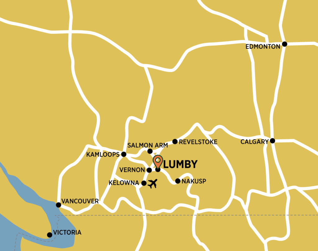 Map of the region showing Lumby Industrial Park Location with highway connections such as highway 6, highway 1, highway 16, highway 97.